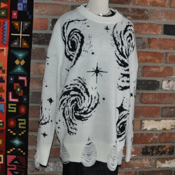 Aelfric Eden Starry Night Jacquard Knit Sweater White Black Distressed Unisex XL - Picture 5 of 5